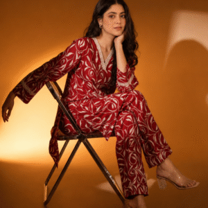 Red Printed Coord Set for Office